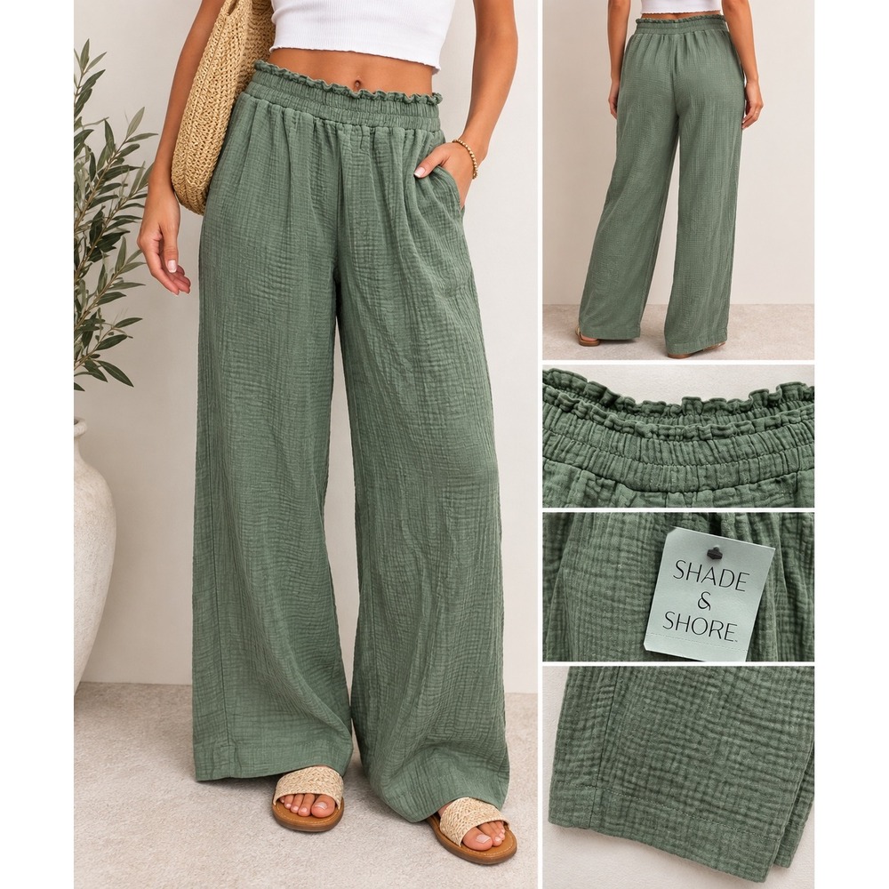 Shade & Shore Sage Green Gauze Wide Leg Pants Ruffle Waist Large NEW